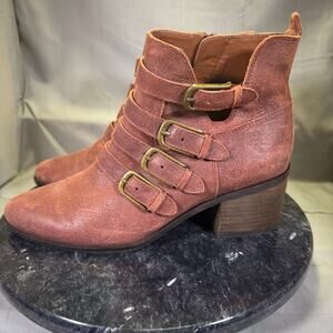Lucky Brand LORENIAH Brown Leather Ankle Bootie 4 Buckles Size 7.5M US